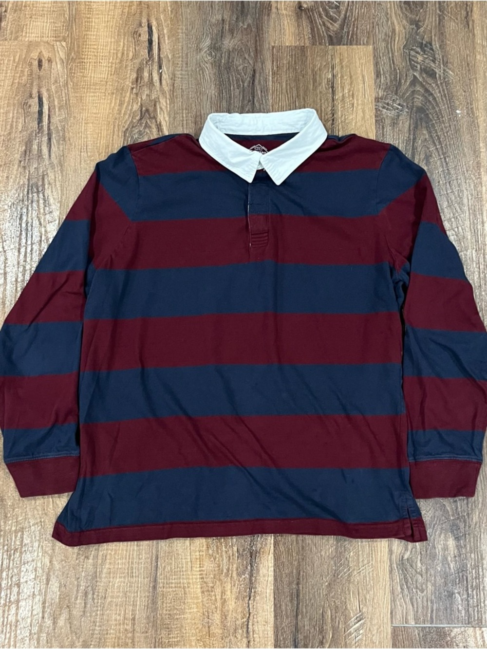 St Johns Bay Mens Maroon Burgundy Blue Striped Rugby Shirt Long Sleeve Cotton XL